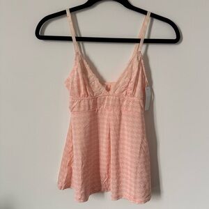 Pink Houndstooth Print Lace Trim Cami Top